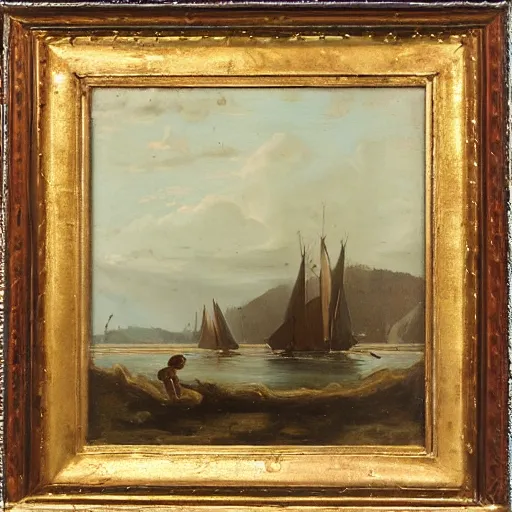 Prompt: melancholy maritime painting, 1849, oil on canvas