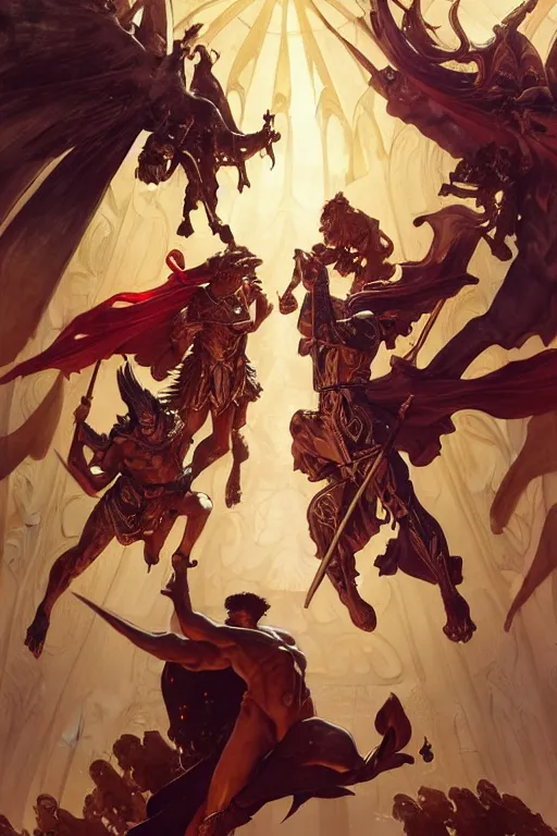 Prompt: epic battle between human warriors mages and demons, cathedrals and abbeys, fullbody!! dynamic action pose, religious, intricate, elegant, highly detailed, digital painting, artstation, concept art, smooth, sharp focus, illustration, art by artgerm and greg rutkowski and alphonse mucha