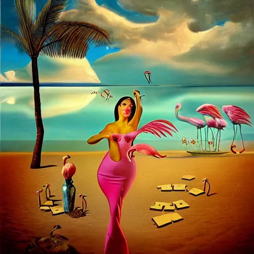 Image similar to A surreal oil painting of a puzzle containing a beautiful woman and Flamingos on a desert beach oasis by Salvador Dali, dark vibes, pastel lighting, high contrast, cinematic, depth of field