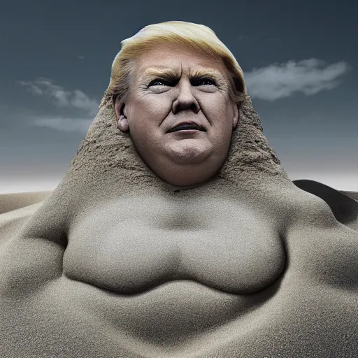 Prompt: the giant sand sculpted face of donald trump as baron vladimir harkonnen emerging from a sand dune, cinematic, surrealistic, supernatural, artstation