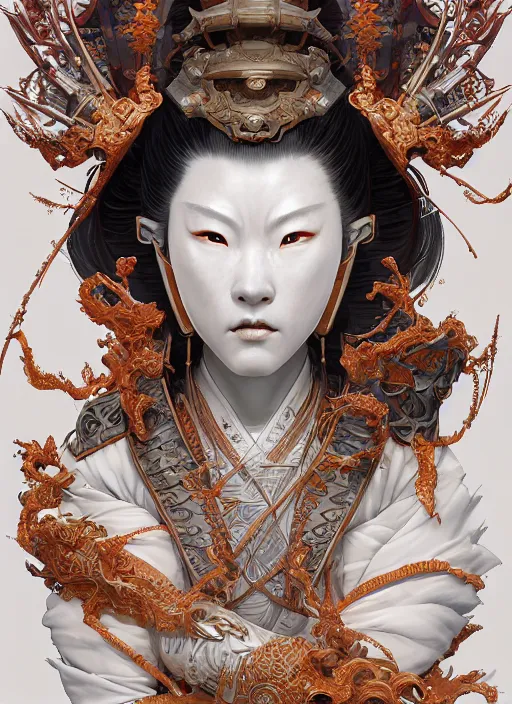 Prompt: subsurface scattering, white, koi, female samurai deity with filigree ivory armor, by jesper ejsing, james jean, justin gerard, tomasz alen kopera, cgsociety and fenghua zhong, highly detailed, rim light, cinematic lighting, illustration, art, octane render, very coherent, cinematic, hyper realism, high detail, 8 k