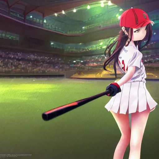 Image similar to this is the most beautiful anime girl playing baseball in the most beautiful artwork of the most beautiful anime girl playing baseball!, artstation!! pixiv!!, scenery art detailed, volumetric lighting, by range murata