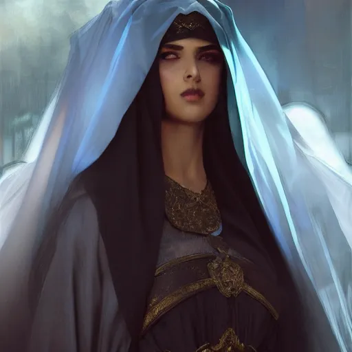 Image similar to a Photorealistic dramatic hyperrealistic render of an arab ameera al taweel, blue eyes, black hair, white veil,by WLOP,Artgerm,Greg Rutkowski,Alphonse Mucha, Beautiful dynamic dramatic dark moody lighting,shadows,cinematic atmosphere,Artstation,concept design art,Octane render,8K