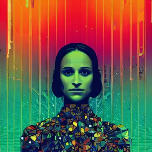 Image similar to ( ( dither ) ), editorial illustration portrait of alicia vikander in a spacestation interior, dynamic pose, modern art deco, colorful, ( ( mads berg ) ), christopher balaskas, victo ngai, rich grainy texture, detailed, dynamic composition, wide angle, matte print, alphonse mucha, ( ( glitch art pixel sorting ) )