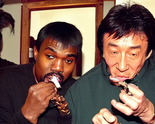 Prompt: Kayne West and Jackie Chan smoking one giant two foot joint, By Rainer Hosch