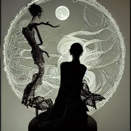 Prompt: figurines looking at the full moon, transparent soul leaving the body, dramatic cinematic lighting, filigree, lace, art by loish, dave mckean