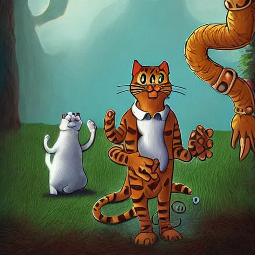 Prompt: surreal book illustration of Garfield the cat as monster, highly detailed