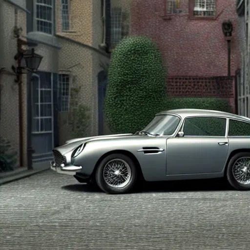 Image similar to a pencil sketch of anaston martin db 5, in a rich london mews residential street, medium range, studio ghibli, ( pixar ) and disney animation, sharp, very detailed, unreal engine 5 render, bloom, high resolution, anime key art by greg rutkowski