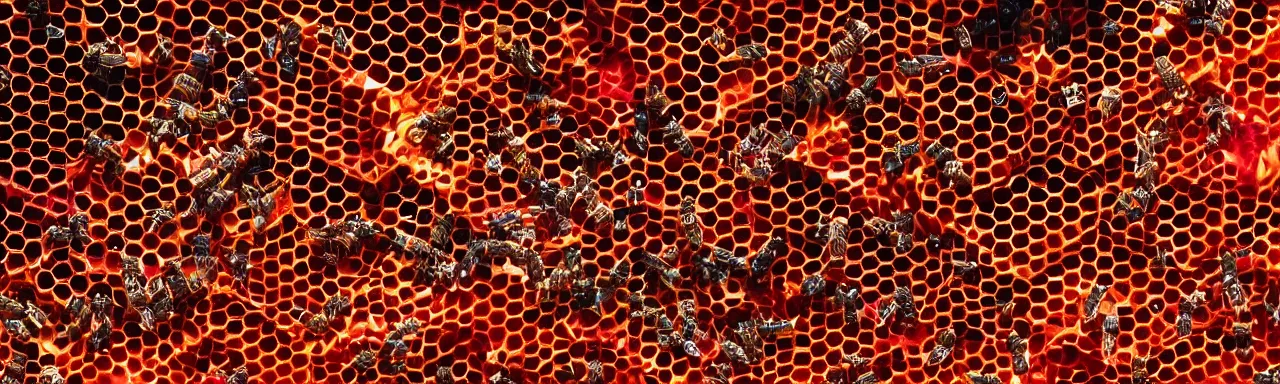 Image similar to crimson - black honeycomb dripping honey, bees flying, photorealistic, octane render, rtx, hdr, unreal engine, digital art widescreen 8 k