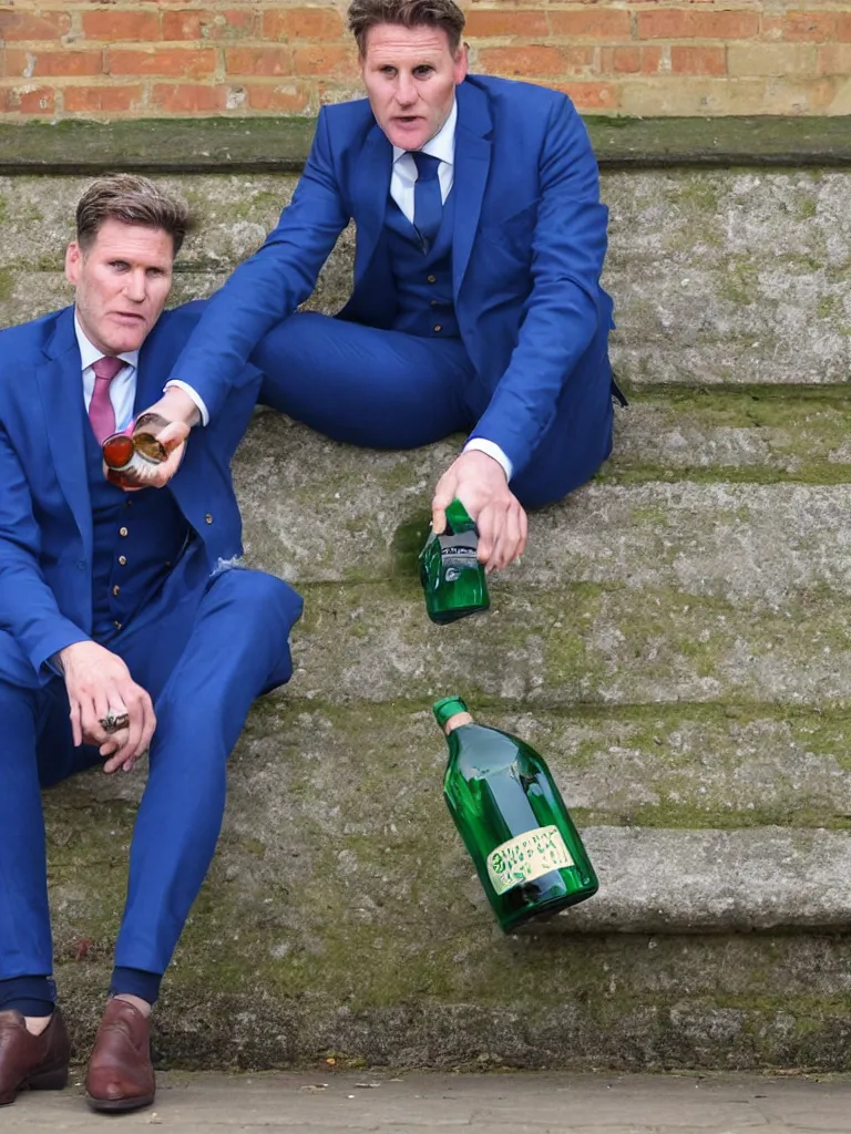 Image similar to Sir Kier Starmer in a blue suit wearing a flat cap on his head sitting on a bench alone holding a large plastic green bottle of cider, at his feet are empty cans and bottles