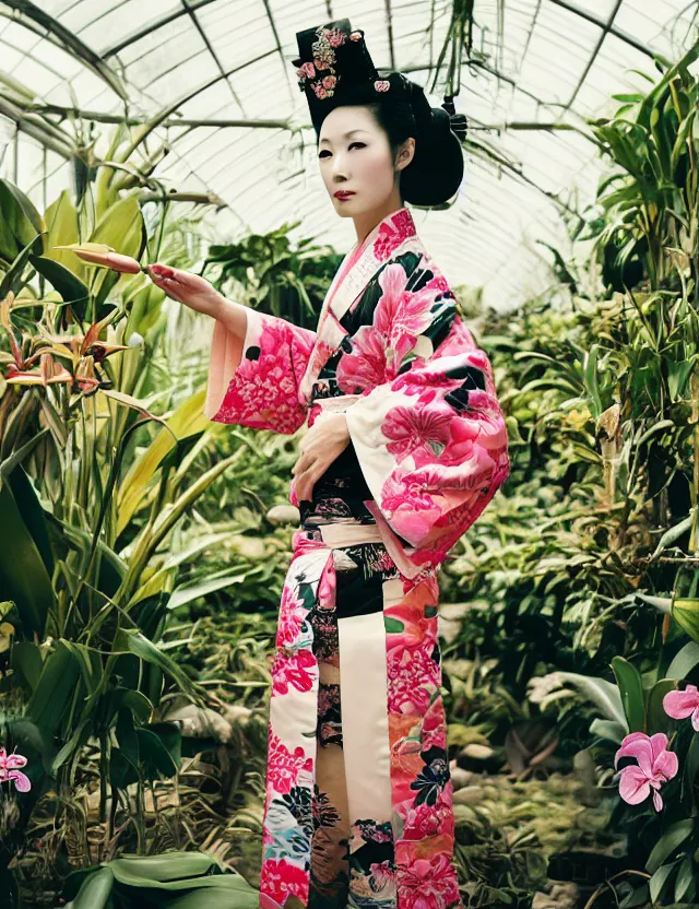 Image similar to fashion photograph of a beautiful Japanese woman wearing a traditional kimono in a tropical orchids greenhouse, by Annie Leibowitz, by Alessio Albi, extremely detailed, large format camera, Fuji Provia film, 85mm lens, bokeh, bokeh, blurred background, photorealistic, trending on instagram, trending on artstation