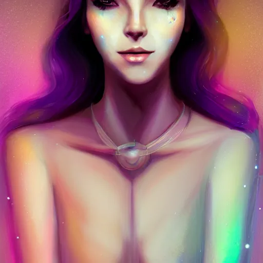 Image similar to portrait of a woman inspired by lois van baarle, charlie bowater, illustration, iridescent, iridescent hair, face, hair styles, light makeup, glitter, self confidence, cinematic 8 k