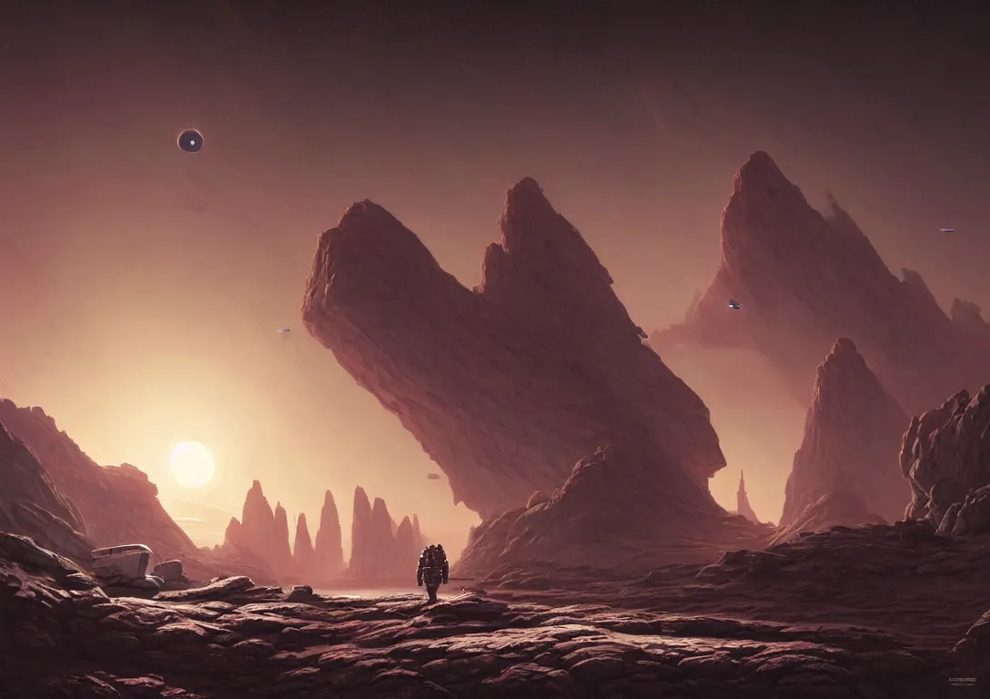 Prompt: no man's sky astronaut exploring a strange surface of another planet at dusk ruins of ancient civilization, ultra high definition, ultra detailed, symmetry, sci - fi, in style of star citizen and greg rutkowski and ross tran