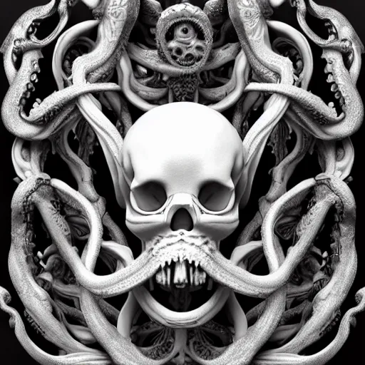 Prompt: hyper realistic 3 d render of ornately carved rococo human skull octopus hybrid, detailed scrimshaw pattern of occult symbols, tentacles, octane render 4 k, bone and ivory, waxy