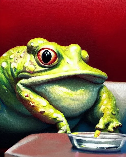 Prompt: hyper realistic oil painting of toad watching pc movie drink coke and chill on the couch, vibrant colors, high contrast, by greg rutkowski, trending on artstation, cartoonist, caricaturist