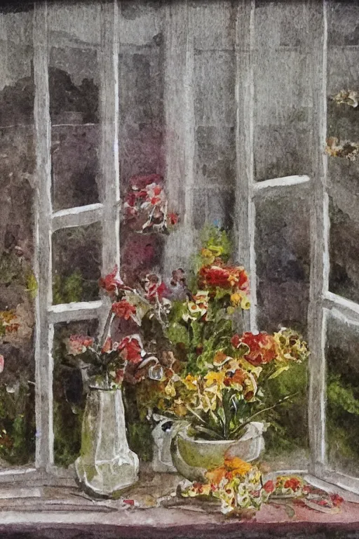 Prompt: open window, you can see the field and the mountains. bouquet of flowers on the windowsill. birds and bugs intertwined. day time. close up. atmospheric. highly detailed. grainy vintage film, watercolor