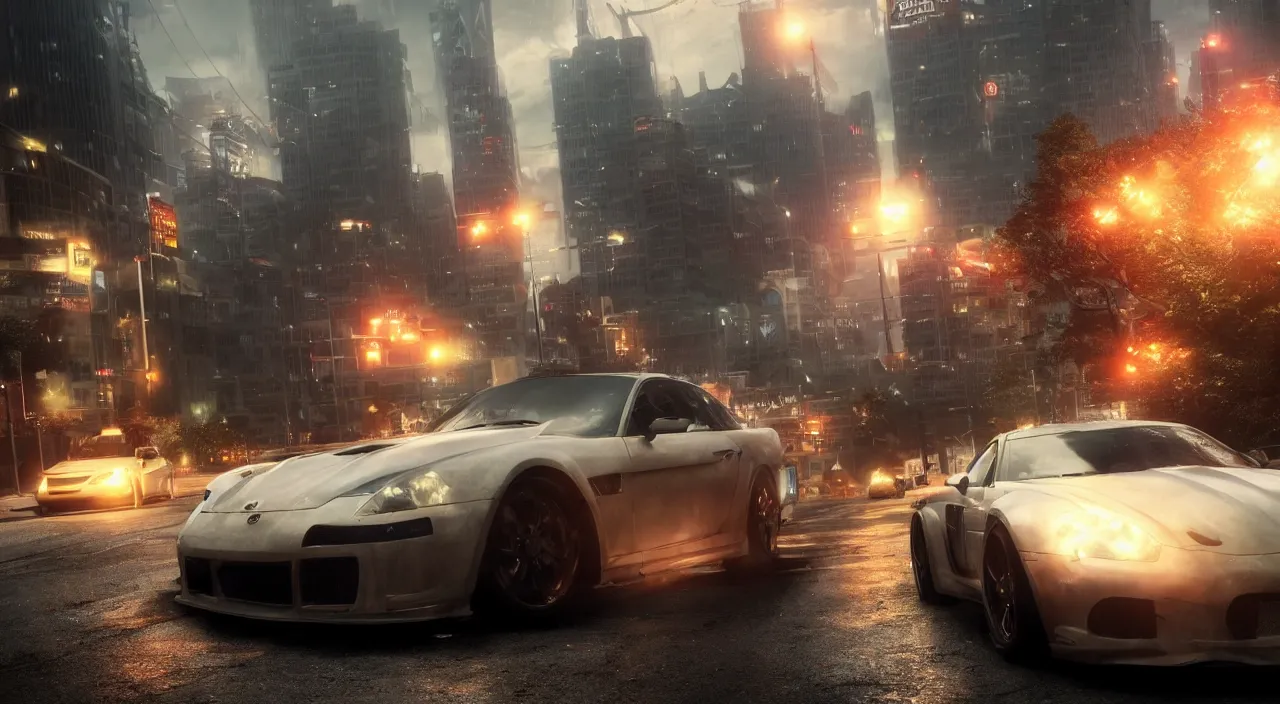 Prompt: Need for Speed Most Wanted gameplay, by Makoto Shinkai and Thomas Kinkade, realistic matte painting, trending on cgsociety and unreal engine，light effect，highly detailed，super wide angle，