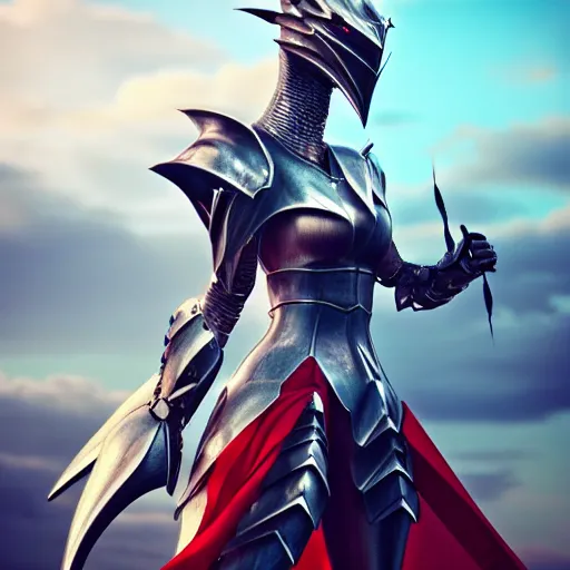 Prompt: highly detailed realistic stunning shot of a beautiful elegant anthropomorphic female dragon knightess doing a majestic pose, armor made of steel, sharp claws and tail, cloak flittering in the wind, high quality, HD octane render, epic cinematography, Artstation, Deviantart, Furaffinity