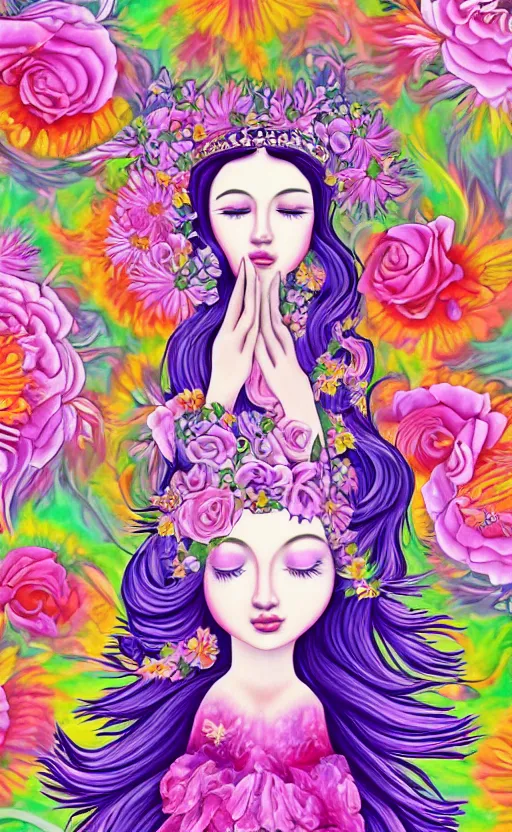 Image similar to tranquil oblivion, floral queen, artwork by artgem, art by lisa frank