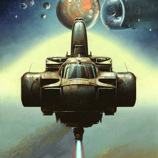 Image similar to vintage, old, ussr, rusty, soviet, car iz 2 1 2 5!!! as a realistic scifi spaceship!!!, floating in space, engines instead of wheels!!, wide angle shot art by donato giancola and greg rutkowski, vintage retro scifi, realistic space, digital art, trending on artstation, symmetry!!!