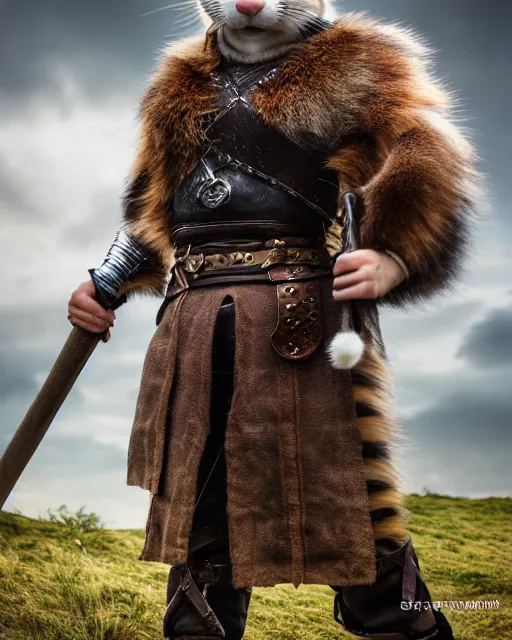 Prompt: ferret warrior, furry, fantasy, viking, high detailed, photography, cloudy, lightweight leather armour, scandinavia, plain, detailed face, look into the distance, serious face, full body, in full growth, professional photographer, masterpiece, 5 0 mm, extremely detailed, 3 d render, digital, 8 k