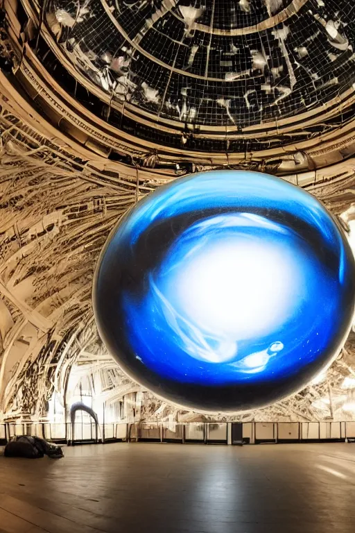 Image similar to public art installation about liquid planet in space. projected on big suspended sphere inside big and dark venue. interactive art by sila sveta