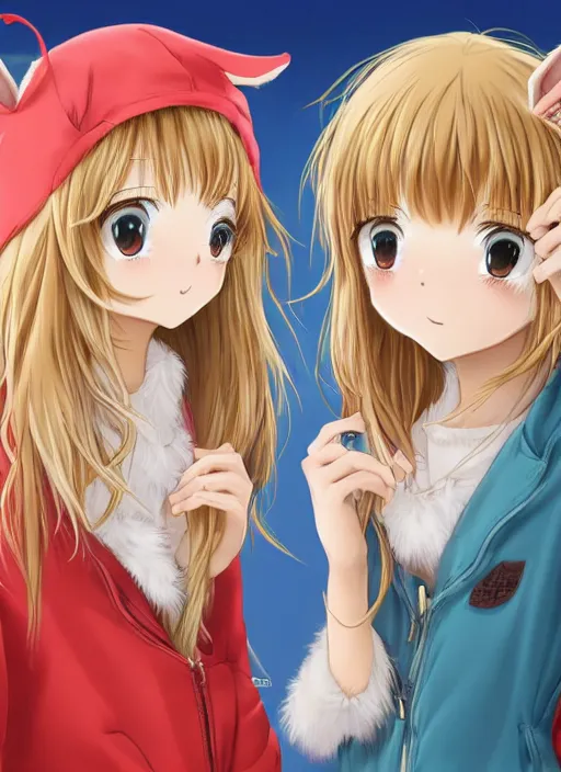 Image similar to highly detailed portrait of one blonde and one brown haired anime girl in animal themed onesies pressed against each other looking at us, detailed eyes, happy, excited, digital art, cute, anime, detailed faces, well drawn faces, cute faces, hand drawn, 8 k, trending on artstation, detailed eyes, official media, by hayao miyazaki