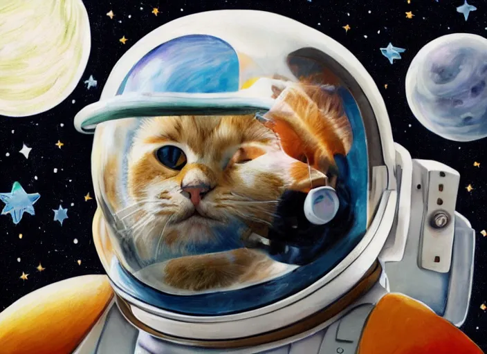 Prompt: painting of a cat dressed as an astronaut with helmet, cute, calico, stars, galaxies, planets, moons, space walk, overwatch, winston, stuido ghibli, kotaro mori