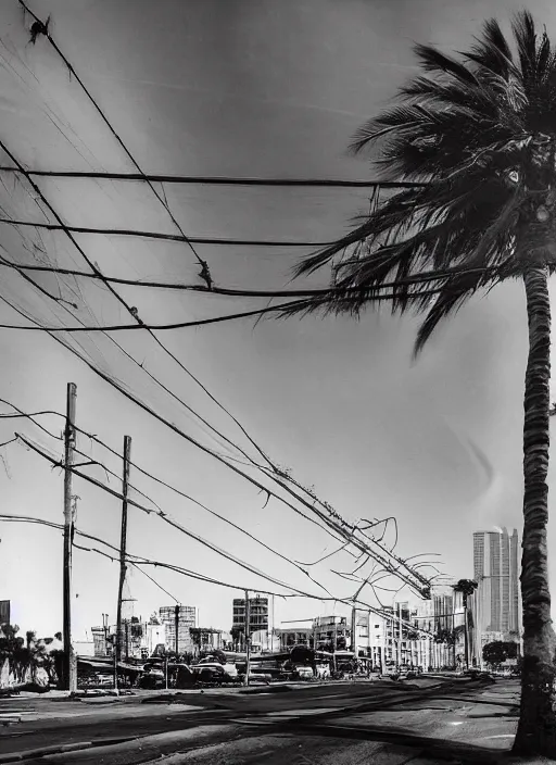 Image similar to a low angle shot and Hyper detailed photograph, of a large building that is flying above dried out miami city, large clumbs of cables and trash hanging underneath it, dust clouds of smoke in the air, fainting palmtrees, and scattered infrastructure, broken neon billboards and a Zeppelin flying close, hyperrealism