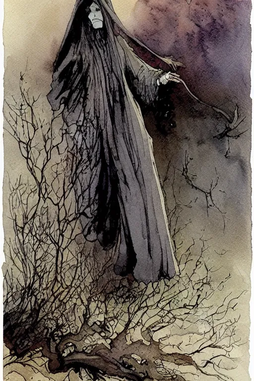 Prompt: a simple and atmospheric watercolour portrait of a ghost in a graveyard on halloween night, very muted colors, by rebecca guay, michael kaluta, charles vess and jean moebius giraud