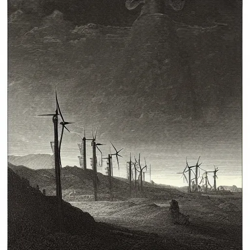 Prompt: landscape with windmills, gustave dore engraving