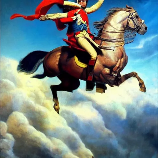 Prompt: An ultra realistic portrait painting of Napoleon Bonapart flying in space in the style of Frank Frazetta, 4k, Ultra realistic, Highly detailed, Dark fantasy, Epic lighting