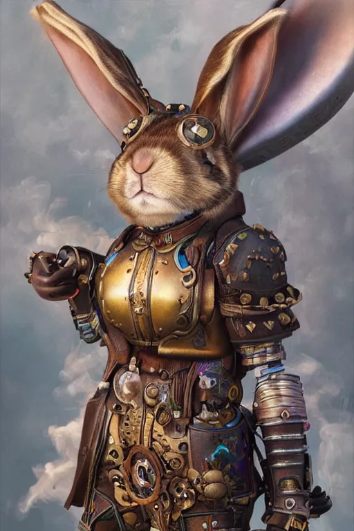 Prompt: ultra realist soft painting of a single steampunk rabbit warrior, very intricate details, volumetric rainbow lighting, reflections, refractions, symmetry accurate humanoid anatomy features, unreal render