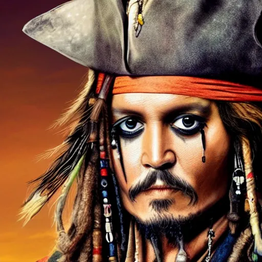 Image similar to johnny depp as jack sparrow with a parrot on the shoulder, realistic portrait, 8k resolution, hyper detailed, dramatic lighting, cinematic