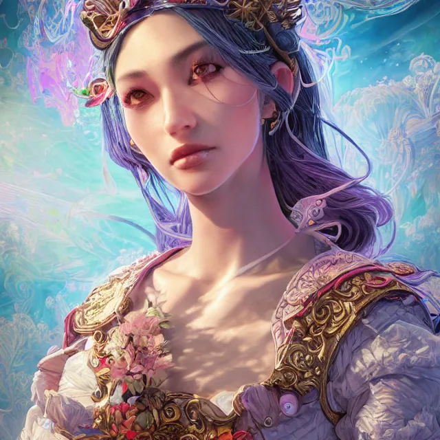 Prompt: studio portrait of neutral good rainbow colorful female cleric bard healer as absurdly beautiful, elegant, young skinny latina gravure idol, an ultrafine hyperdetailed illustration by kim jung gi, intricate linework, detailed faces, super sharp focus, bright colors, octopath traveler, final fantasy, unreal engine 5 highly rendered, global illumination, radiant light, detailed and intricate environment