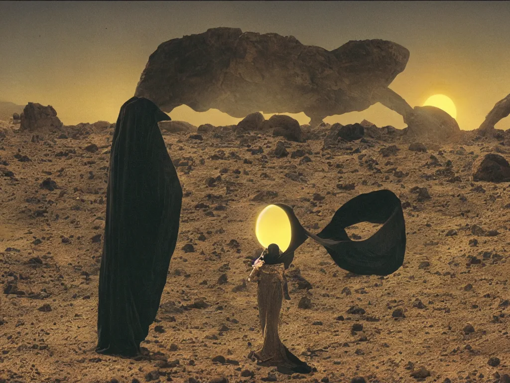 Image similar to glowing bene gesserit in full - face golden glowing mask in a black rocky desert landscape with alienabandoned city beneath the sand and giant alien spaceship in the sky and solar eclipse by christopher doyle and alejandro jodorowsky, anamorphic lens, kodakchrome, cinematic composition, very detailed photo, 8 k,