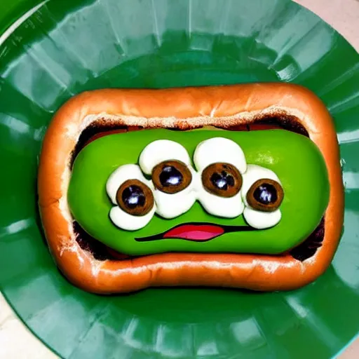 Image similar to pepe the frog in a hot dog bun on a grill.