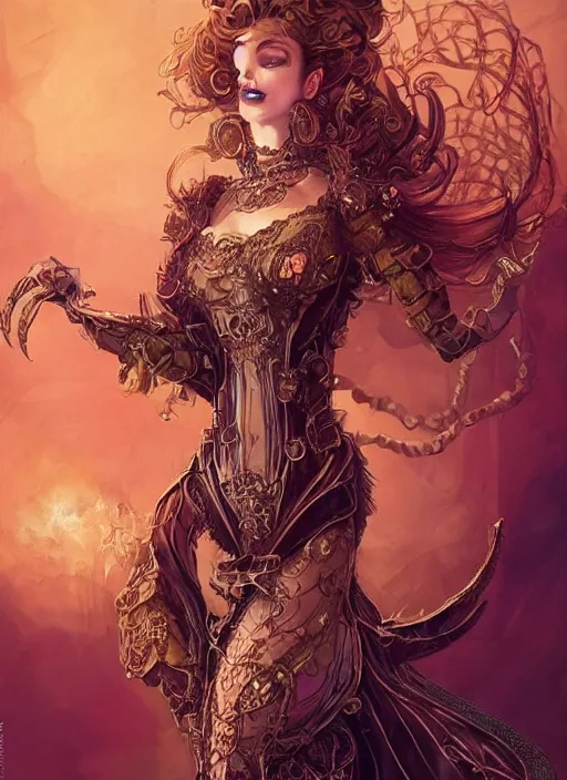 Image similar to front portrait sensual Lady Mechanika with ginger wavy hair, Intricate, Victorian era imagery themed, D&D!, fantasy style, sharp focus!, ultra detailed, art by Artgerm and Peter Andrew Jones, WLUP