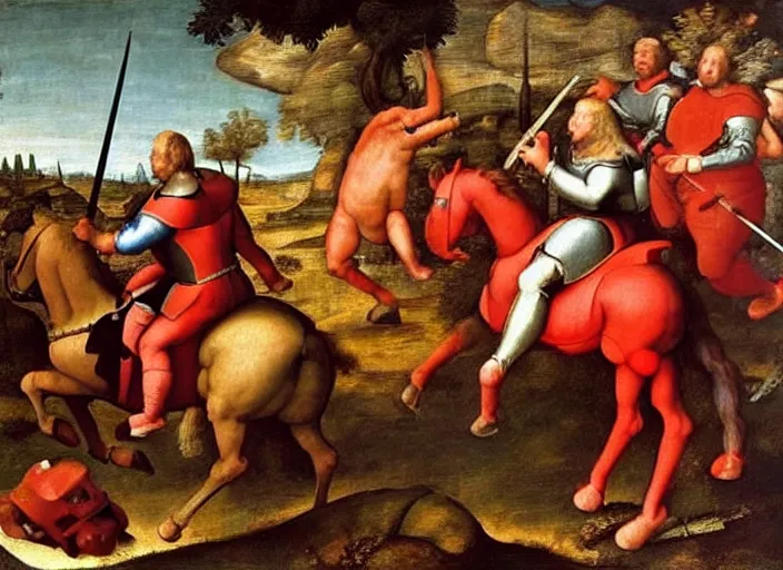 Image similar to a renaissance painting of a war between knights in red armor riding horses and drow warriors riding giant spiders, by raphael, great masterpiece, award winning historic painting, dynamic composition