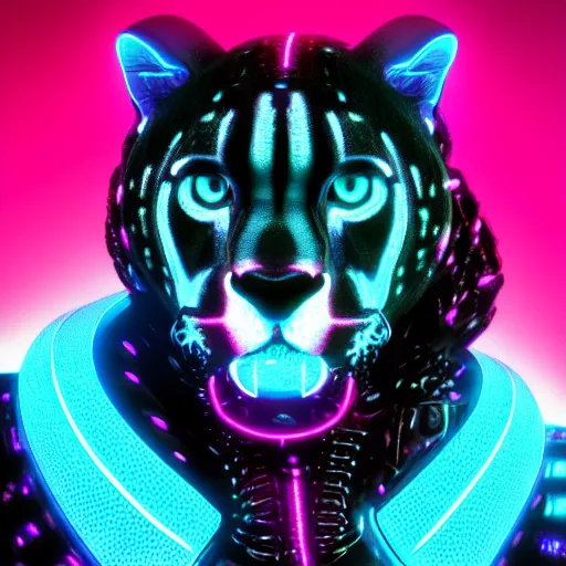Prompt: a black cybernetic cheetah with neon blue and neon pink spots, octane render, trending on artstation, digital art, 4k, high detail, cinematic, cinematic lighting, high detail, realistic, fantasy, character portrait