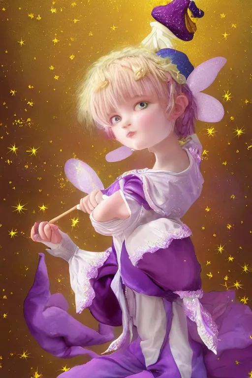 Image similar to Full View fairy maiden with short blond hair wearing an oversized purple Beret, Baggy Purple overall shorts, Short Puffy pants made of silk, silk shoes, a big billowy scarf, Golden Ribbon, and white leggings Covered in stars. covered in embroidery. Short Hair. peasant magic. Rhythmic gymnastics poses. masterpiece 4k digital illustration by Ruan Jia and Mandy Jurgens and Artgerm and william-adolphe bouguereau and greg rutkowski , award winning, Artstation, art nouveau aesthetic, Alphonse Mucha background, intricate details, realistic, panoramic view, Hyperdetailed, 8k resolution, intricate art nouveau