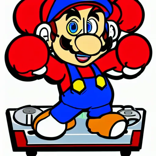 Image similar to svg sticker of a Pop-Wonder SuperMario, Mario-Wearing-a-red-hat, at a rave, spinning records, giant headphones rocking out, wearing headphones, huge speakers, dancing, rave, DJ, spinning records, digital art, amazing composition, rule-of-thirds, award-winning, trending on artstation, featured on deviantart