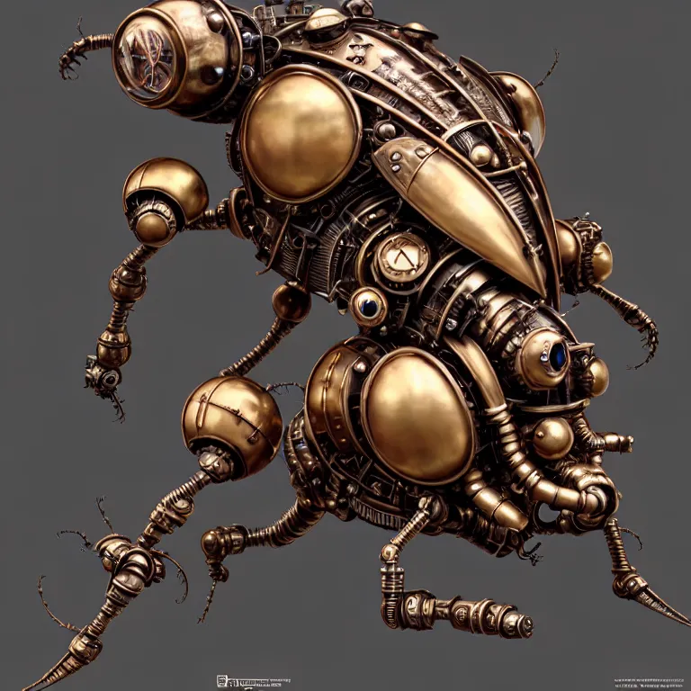 Image similar to steampunk robot ladybug, 3 d model, unreal engine realistic render, 8 k, micro detail, intricate, elegant, highly detailed, centered, digital painting, artstation, smooth, sharp focus, illustration, artgerm, tomasz alen kopera, peter mohrbacher, donato giancola, joseph christian leyendecker, wlop, boris vallejo