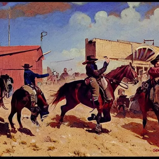 Image similar to cowboys shoot it out in a bar of a western town, 1890s, dynamic, by tom lovell and frank schoonover and dean cornwell and phil hale