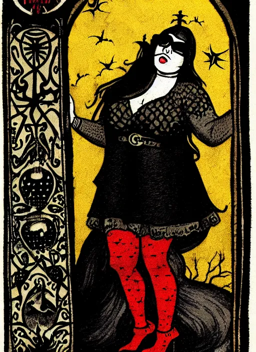 Prompt: a dark tarot card featuring border illustrations, text and a pale young woman, chubby, with long wavy red hair and trendy glasses standing in a room, incredibly detailed art, medieval, halloween, by dark forest