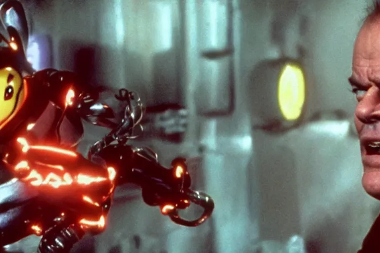Image similar to Jack Nicholson plays Pikachu Terminator, action scene where his endoskeleton gets exposed and his eye glows red, still from the film