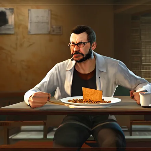 Image similar to jc denton from deus ex videogame eats cereal at a table near liberty island, high quality, photorealistic, highly detailed, 4 k, hd