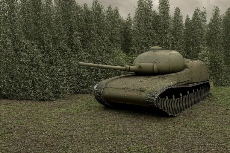 Image similar to 3d render of M4A3 Sherman hidden in bush camo netting dark gritty photo ((((grunge)))) barrel peaking out of the bush ((((((green grey color palette) cinematic ((((((Fury 2014 film)))))) detailed european forest Belgium summer overcast cloudy day