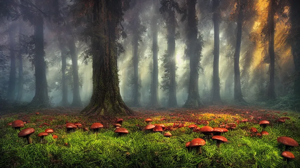 Image similar to amazing landscape photo of a forest of mushrooms by marc adamus, beautiful dramatic lighting