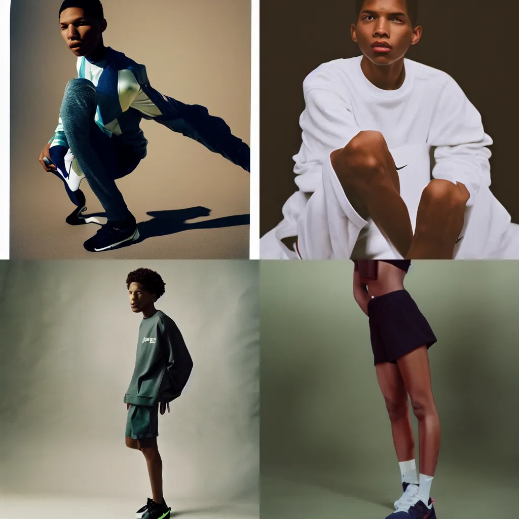 Prompt: realistic photoshoot for a new nike lookbook, color film photography, portrait of a beautiful person, in style of Campbell Addy, Tyler Mitchell 35mm, graflex